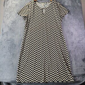 Tacera Womens L Chevron Print Short Sleeve Shift Dress Cream‎ Black Retro Casual